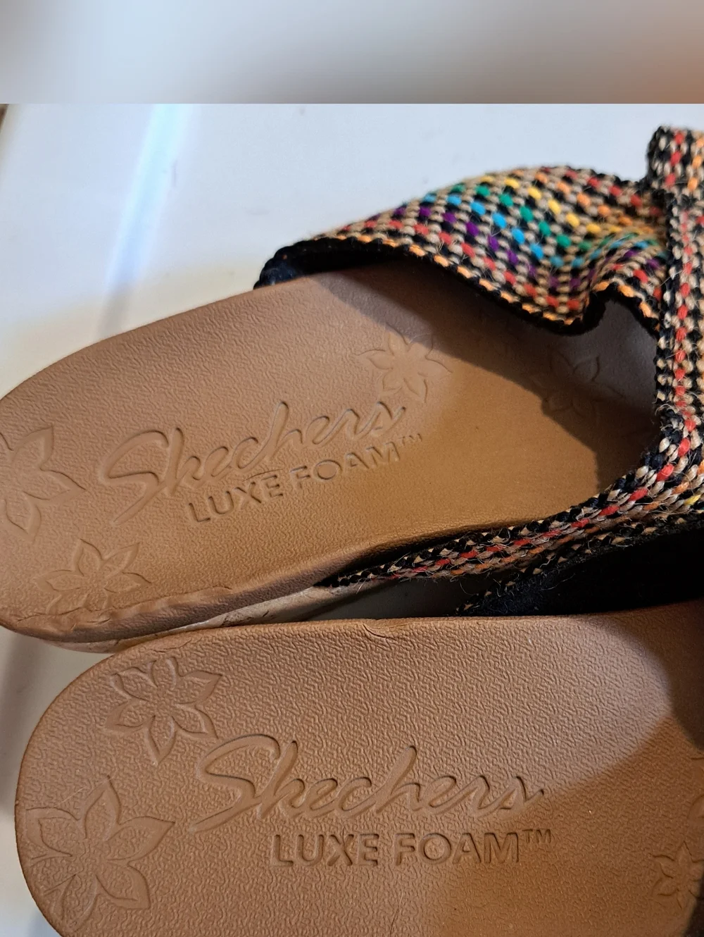 Skechers Cork Wedge Multi Color Strap, Size 8 Height 2.5 inches